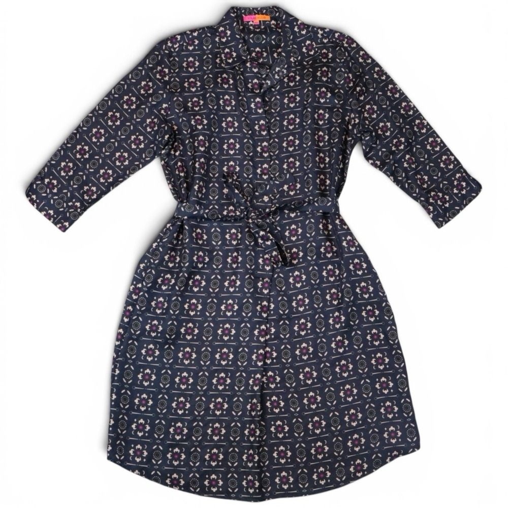 Vilagallo Silk Shirt Dress EU 42 Navy Geometric Floral Belted Pockets